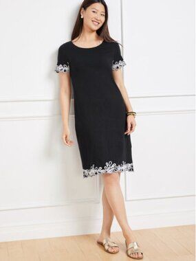 Talbots Black White Mini Embroidered Nantucket Shift Dress Preppy Coastal Medium